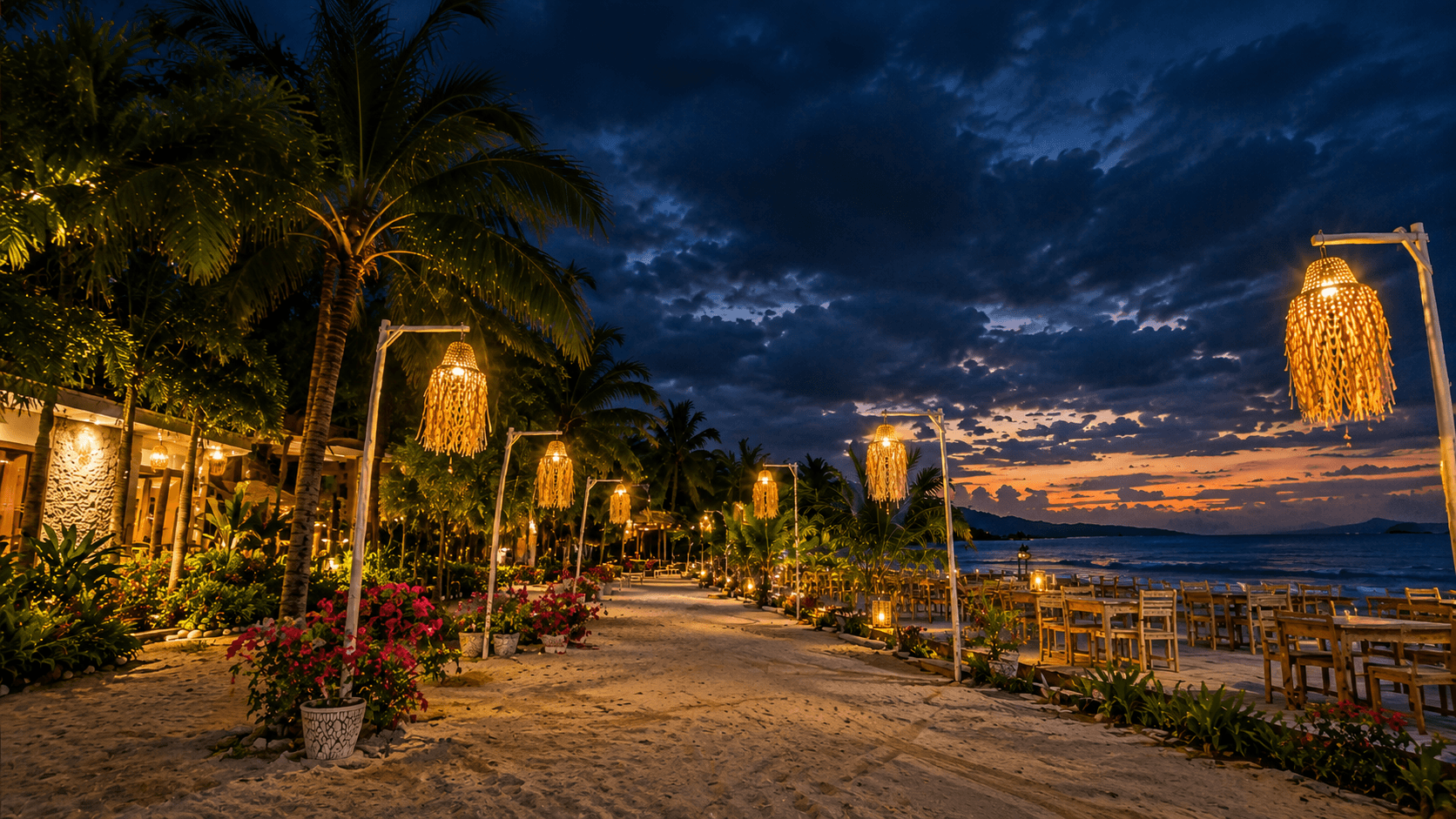 Cinematic tropical beach resort at twilight